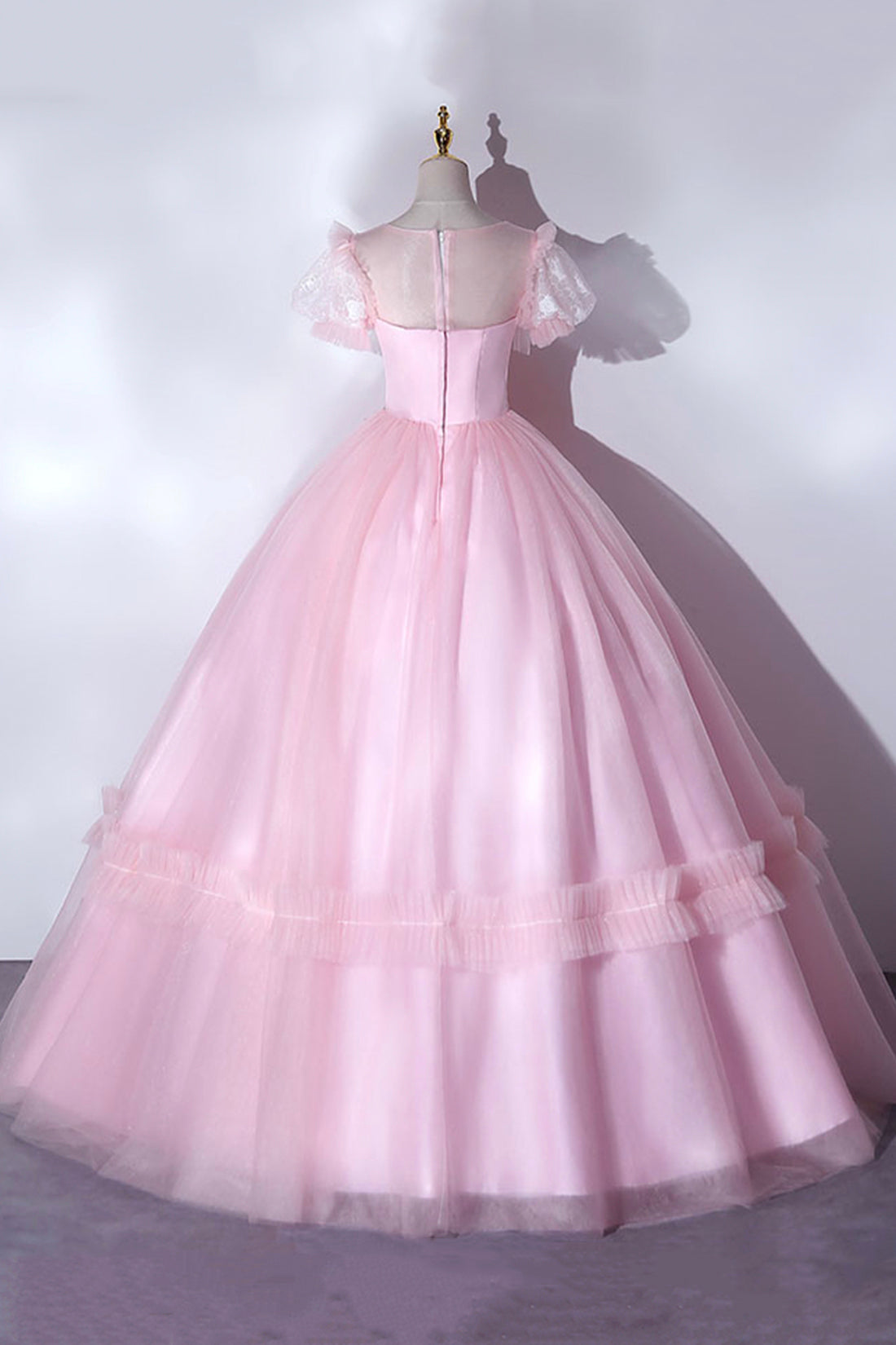 Bridesmaid Dress Modest, Pink Tulle Lace Long Prom Dress, Lovely A-Line Short Sleeve Evening Dress