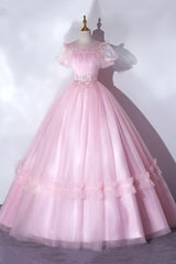 Rustic Wedding, Pink Tulle Lace Long Prom Dress, Lovely A-Line Short Sleeve Evening Dress