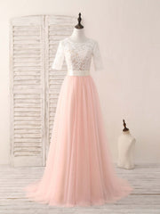 Homecoming Dress Stores, Pink Tulle Lace Long Prom Dress Pink Bridesmaid Dress