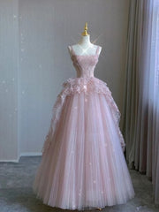 Evening Dress Suit, Pink tulle lace long prom dress, pink evening dress