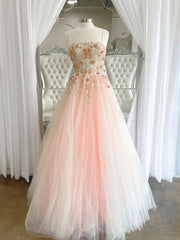 Bridesmaid Dress For Beach Wedding, Pink tulle lace long prom dress, pink lace long evening dress