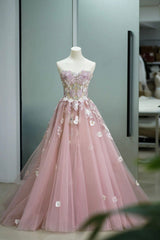Prom Dresses Laced, Pink Tulle Lace Long Prom Dress, Strapless A-Line Evening Graduation Dress
