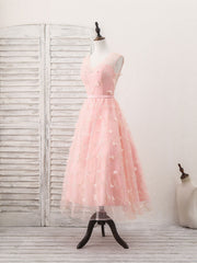 Party Dress Website, Pink Tulle Lace Tea Length Prom Dress, Pink Homecoming Dress