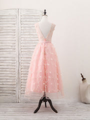 Party Dresses Website, Pink Tulle Lace Tea Length Prom Dress, Pink Homecoming Dress