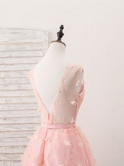 Party Dresses Websites, Pink Tulle Lace Tea Length Prom Dress, Pink Homecoming Dress