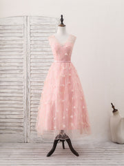 Party Dresses For Teen, Pink Tulle Lace Tea Length Prom Dress, Pink Homecoming Dress