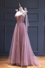 Evening Dress Fitted, Pink Tulle Long A-Line Prom Dress, Pink Evening Dress with Corset