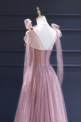 Evening Dresses Fitted, Pink Tulle Long A-Line Prom Dress, Pink Evening Dress with Corset
