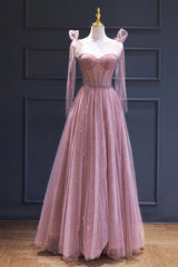 Evening Dresses Vintage, Pink Tulle Long A-Line Prom Dress, Pink Evening Dress with Corset