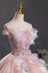 Formal Dress For Teens, Pink Tulle Long A-Line Prom Dress with Lace, Off Shoulder Sweet 16 Dress
