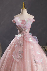 Formal Dress For Graduation, Pink Tulle Long A-Line Prom Dress with Lace, Off Shoulder Sweet 16 Dress