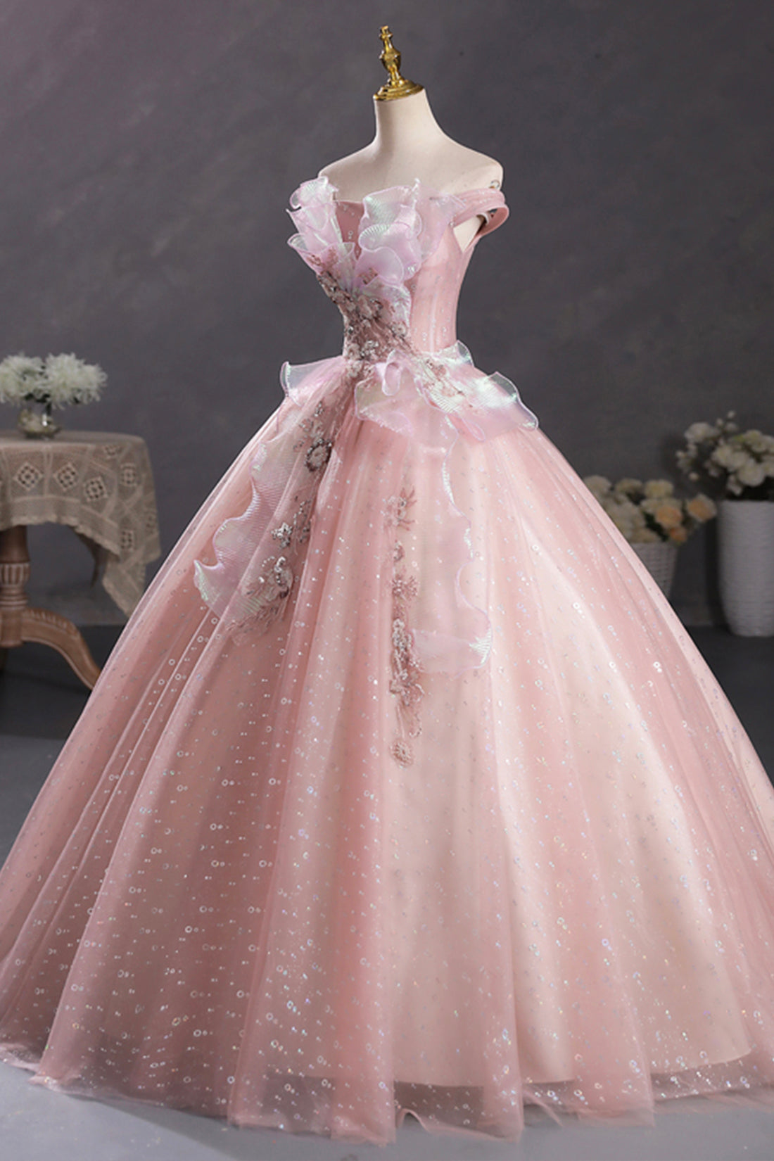 Formal Dresses Floral, Pink Tulle Long A-Line Prom Dress with Lace, Off Shoulder Sweet 16 Dress