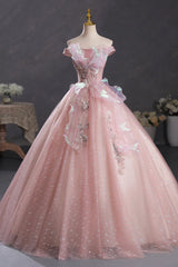 Formal Dresses For Teen, Pink Tulle Long A-Line Prom Dress with Lace, Off Shoulder Sweet 16 Dress