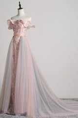 Bridesmaides Dresses Summer, Pink Tulle Long A-Line Prom Dress with Train, Off the Shoulder Formal Evening Dress