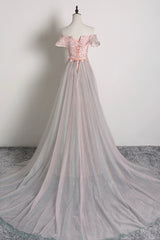 Bridesmaid Dress Green, Pink Tulle Long A-Line Prom Dress with Train, Off the Shoulder Formal Evening Dress
