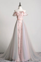 Bridesmaids Dresses Summer, Pink Tulle Long A-Line Prom Dress with Train, Off the Shoulder Formal Evening Dress