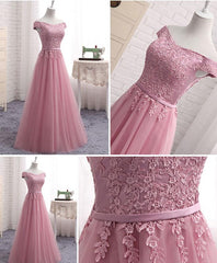 Corset Dress, Pink Tulle Long Party Dress , Cute Off Shoulder Bridesmaid Dresses