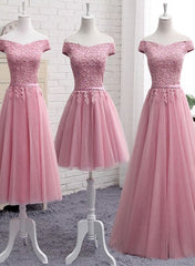 2024 Prom Dress, Pink Tulle Long Party Dress , Cute Off Shoulder Bridesmaid Dresses