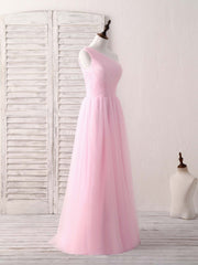 Evening Dress Shops, Pink Tulle One Shoulder Long Prom Dress Pink Bridesmaid Dress