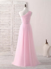 Evening Dress Near Me, Pink Tulle One Shoulder Long Prom Dress Pink Bridesmaid Dress