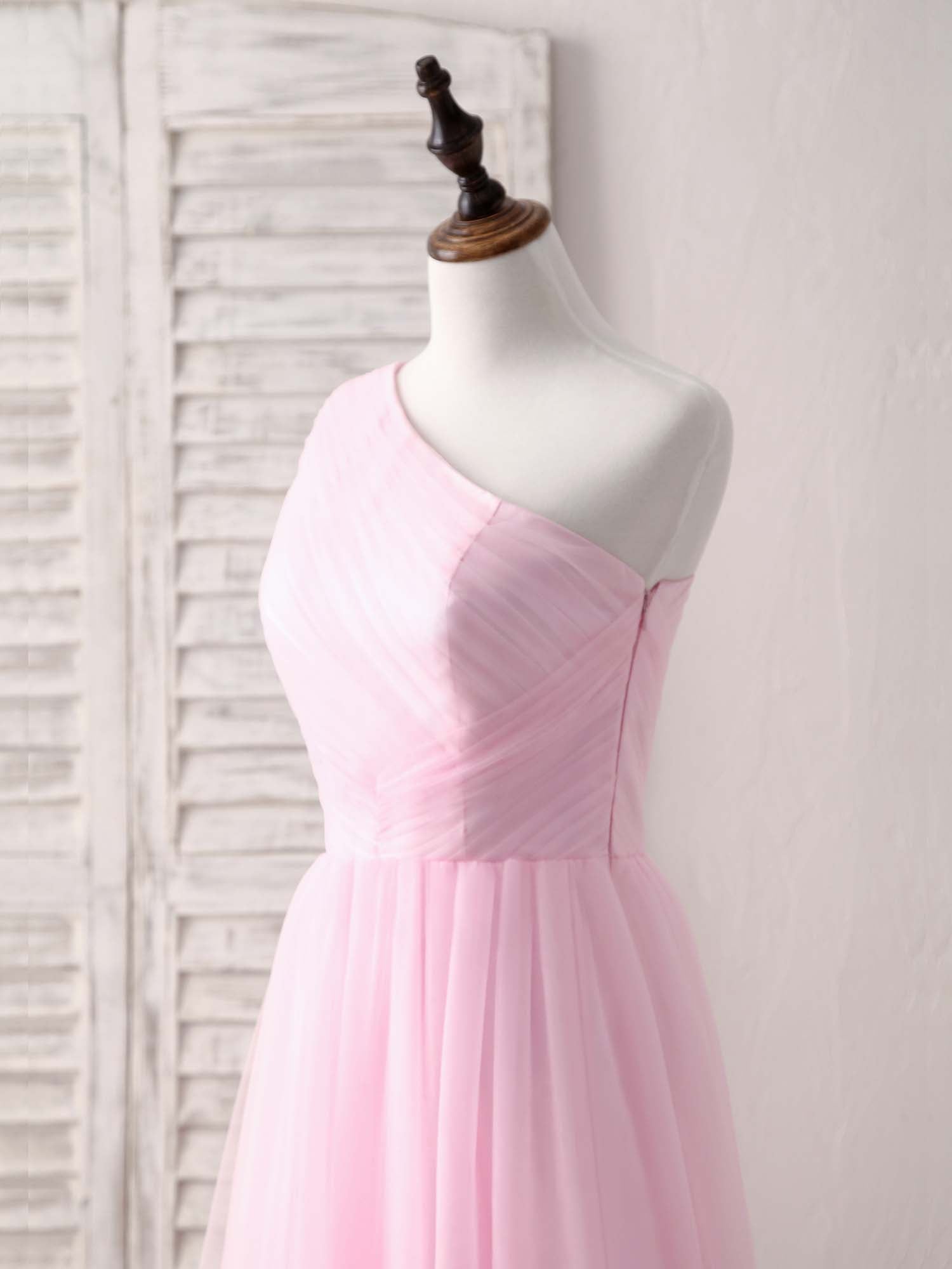Evening Dresses Near Me, Pink Tulle One Shoulder Long Prom Dress Pink Bridesmaid Dress