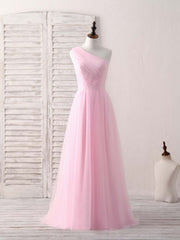 Evening Dress Shopping, Pink Tulle One Shoulder Long Prom Dress Pink Bridesmaid Dress