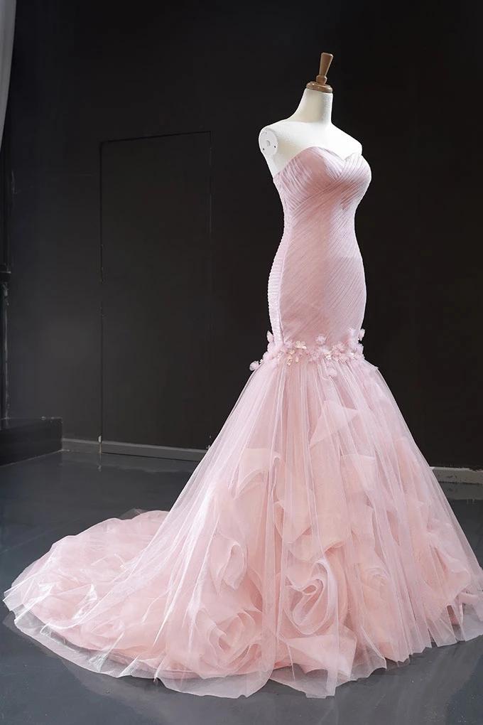 Wedding Dress Backless, Pink Tulle Prom Dresses Sweetheart Mermaid Long Formal Dress with Ruffles,Wedding Party Dresses