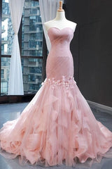 Wedding Dresses With Sleeves Lace, Pink Tulle Prom Dresses Sweetheart Mermaid Long Formal Dress with Ruffles,Wedding Party Dresses