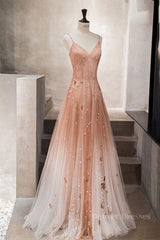 Summer Wedding Color, Pink tulle sequin beads long prom dress pink tulle formal dress
