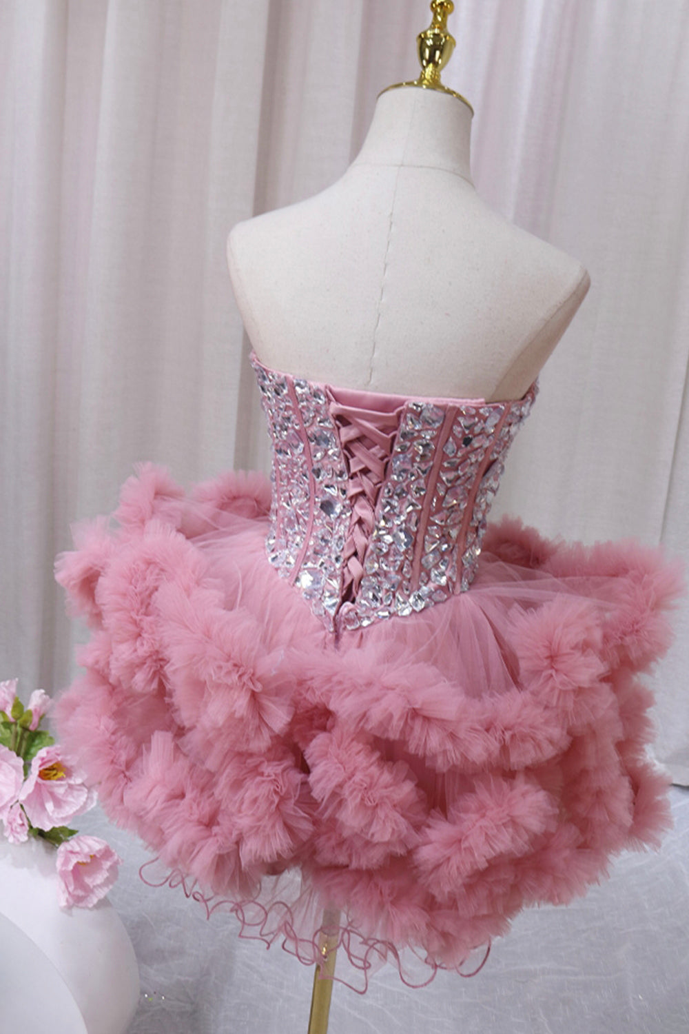 Formal Dress For Wedding Reception, Pink Tulle Short Homecoming Dress with Rhinestones, Cute Party Dress