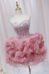 Formal Dresses For Wedding Guest, Pink Tulle Short Homecoming Dress with Rhinestones, Cute Party Dress