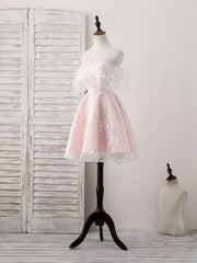 Sequin Dress, Pink Tulle Sweetheart Lace Short Prom Dress, Pink Homecoming Dress