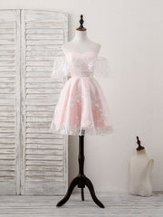 Wedding Guest, Pink Tulle Sweetheart Lace Short Prom Dress, Pink Homecoming Dress