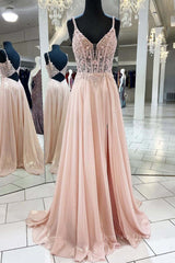 Bridesmaids Dress Chiffon, Pink v neck lace chiffon long prom dress, pink formal dress