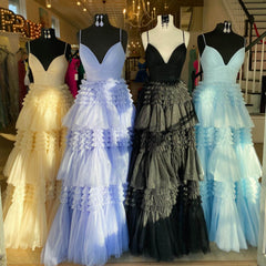 Evening Dress Store, Pink V Neck Layers Tulle Long Ball Gown,Light Blue A Line Spaghetti Strap Evening Dresses