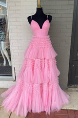 Evening Dress For Sale, Pink V Neck Layers Tulle Long Ball Gown,Light Blue A Line Spaghetti Strap Evening Dresses