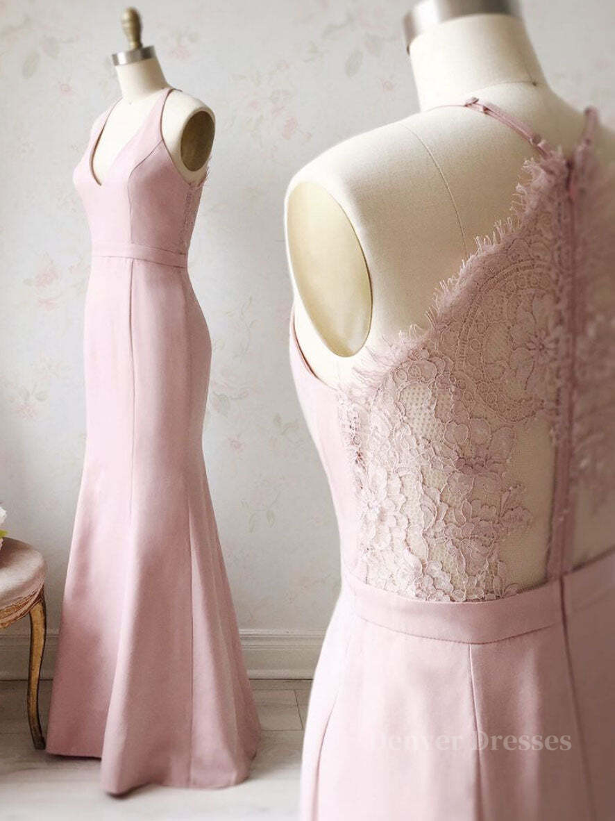 Bridesmaid Dress Blushing Pink, Pink v neck satin lace long prom dress, lace bridesmaid dress
