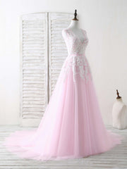 Party Dress Midi With Sleeves, Pink V Neck Tulle Lace Applique Long Prom Dress Pink Evening Dress