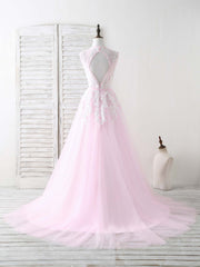 Strapless Prom Dress, Pink V Neck Tulle Lace Applique Long Prom Dress Pink Evening Dress