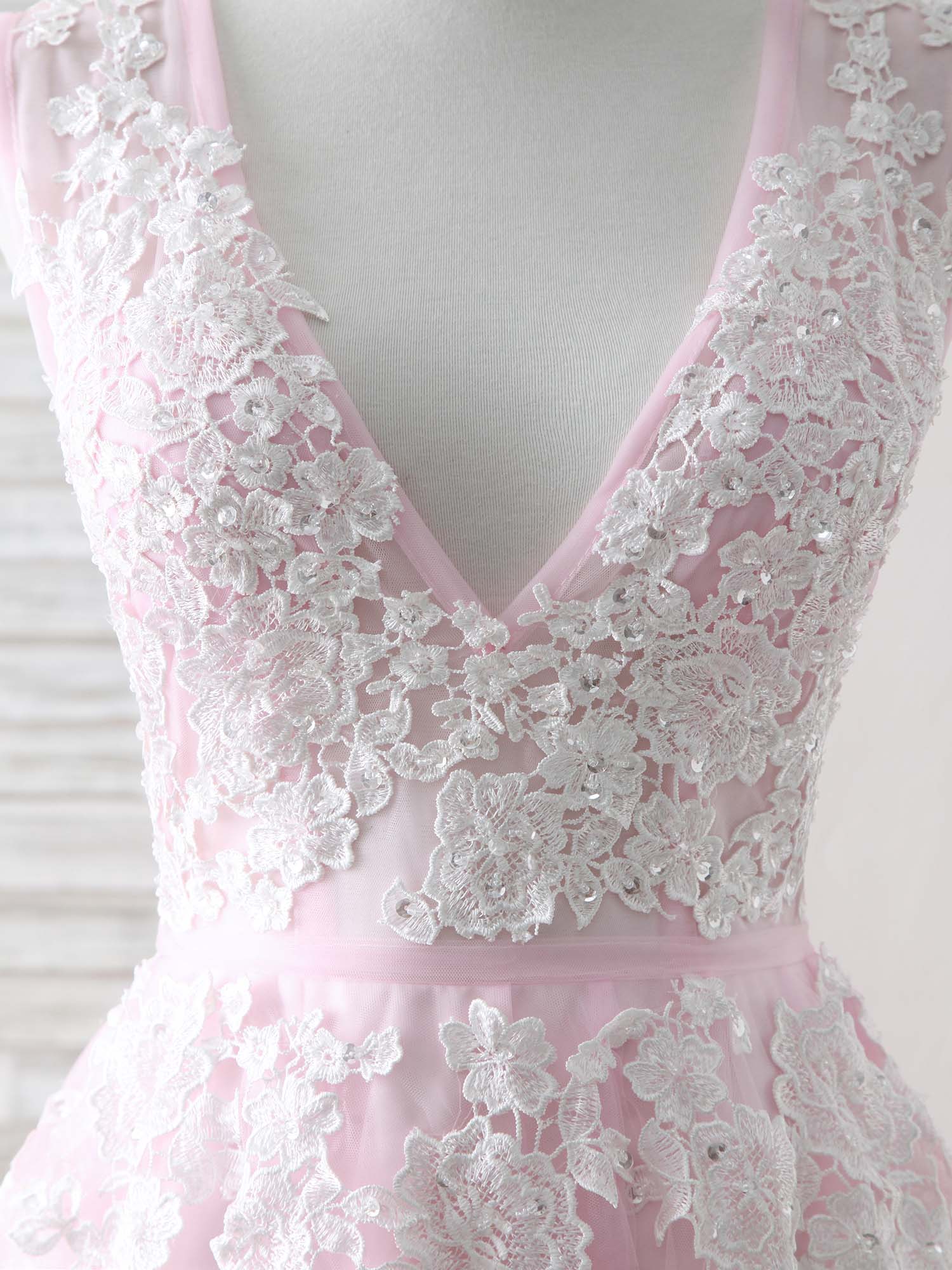 Backless Dress, Pink V Neck Tulle Lace Applique Long Prom Dress Pink Evening Dress