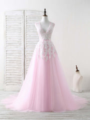 Fancy Outfit, Pink V Neck Tulle Lace Applique Long Prom Dress Pink Evening Dress