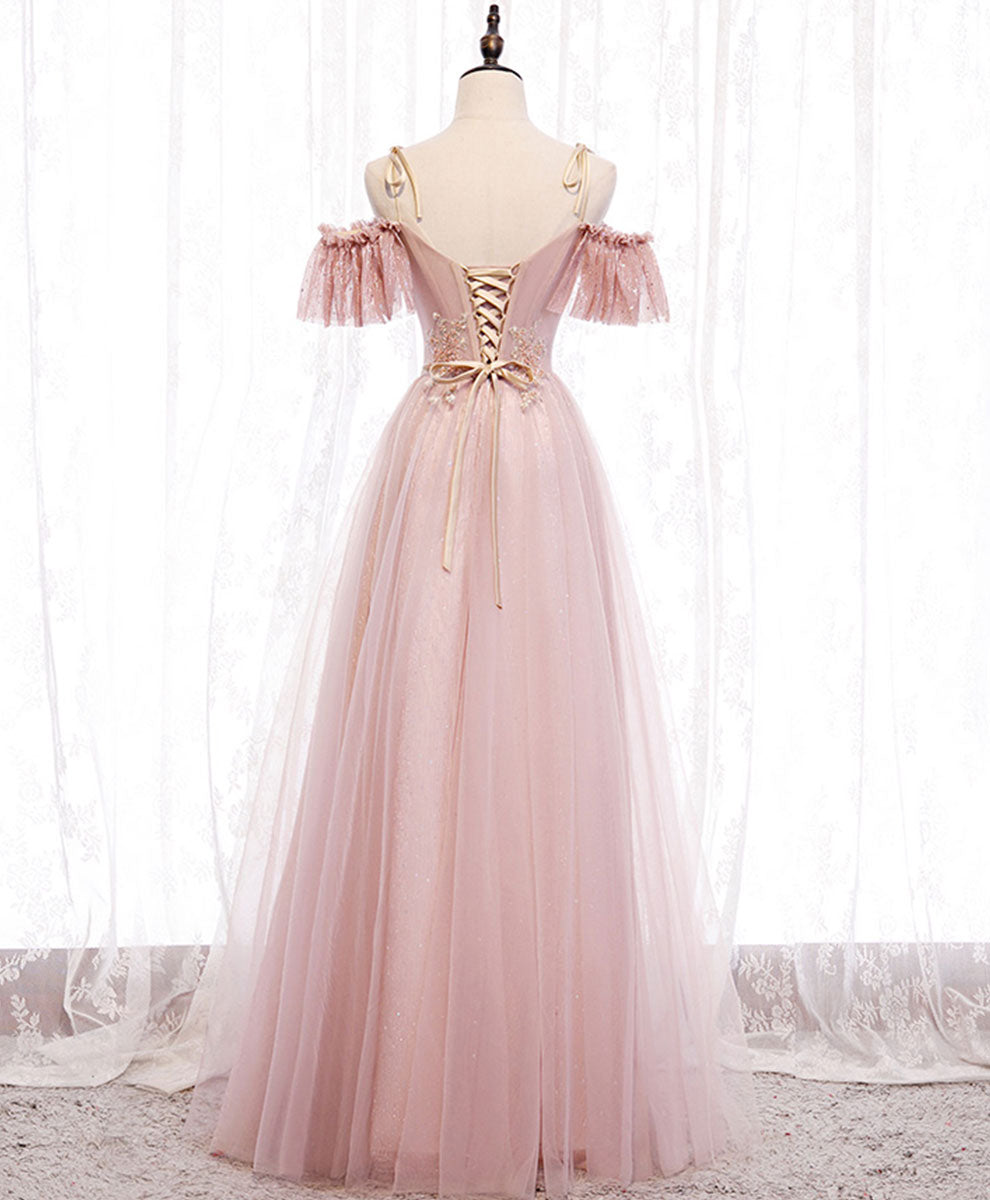 Bridesmaid Dresses Spring, Pink v neck tulle lace long prom dress pink bridesmaid dress