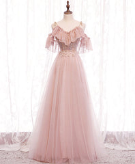 Bridesmaids Dresses Long, Pink v neck tulle lace long prom dress pink bridesmaid dress