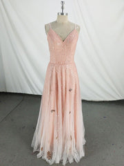 Unique Wedding Ideas, Pink V Neck Tulle Long Prom Dress, Pink Tulle Evening Dress