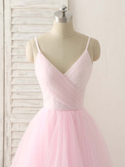 Homecomming Dresses Green, Pink V Neck Tulle Long Prom Dress Simple Pink Tulle Evening Dress