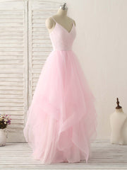 Homecoming Dresses Green, Pink V Neck Tulle Long Prom Dress Simple Pink Tulle Evening Dress