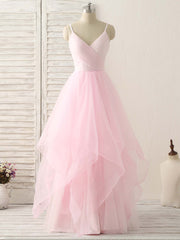 Homecoming Dress Green, Pink V Neck Tulle Long Prom Dress Simple Pink Tulle Evening Dress