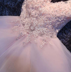 Prom Dresses Champagne, Pink V-neckline Flowers and Lace Applique Party Dress, Short Prom Dress