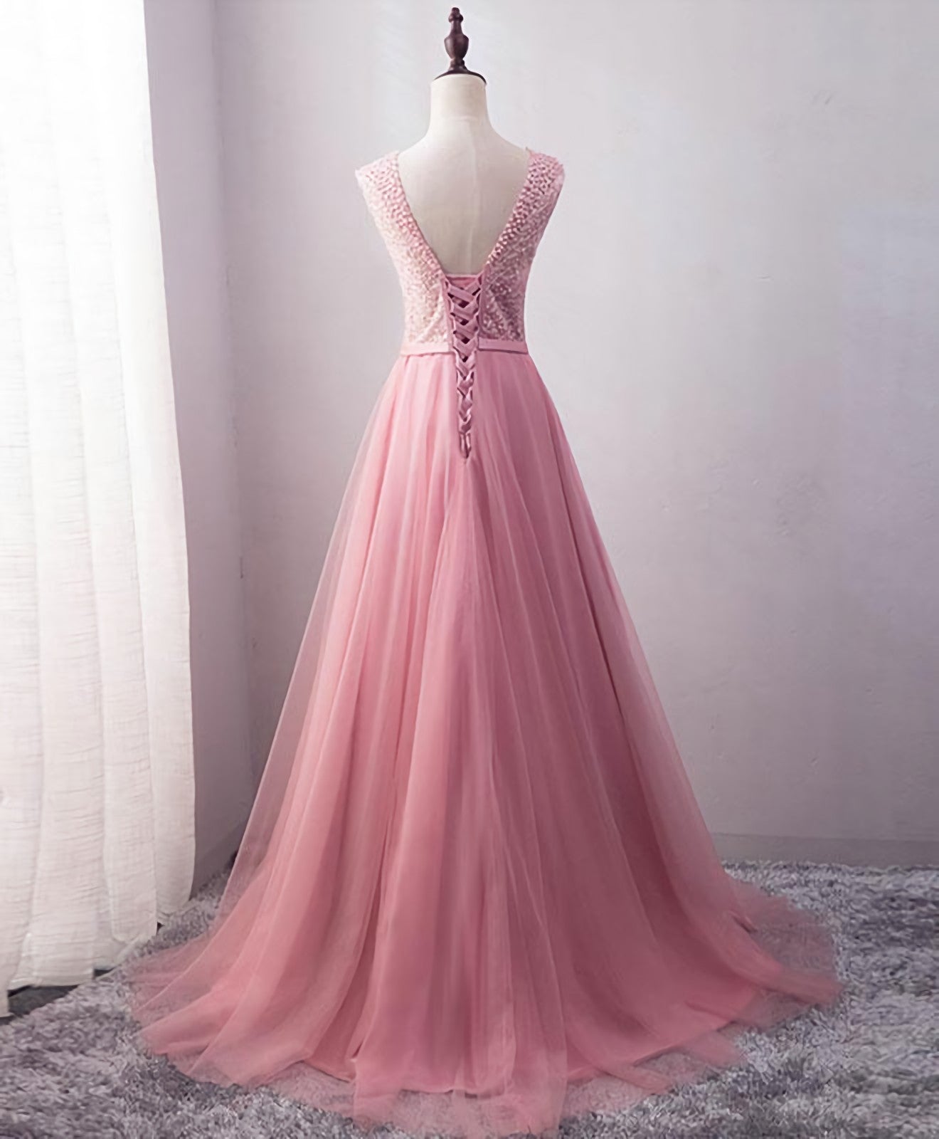 Gold Prom Dress, Pink Tulle Long A Line Prom Dress, Pink Evening Dress