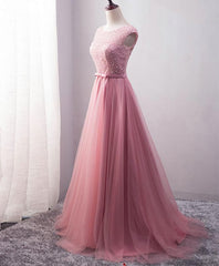 Gown, Pink Tulle Long A Line Prom Dress, Pink Evening Dress
